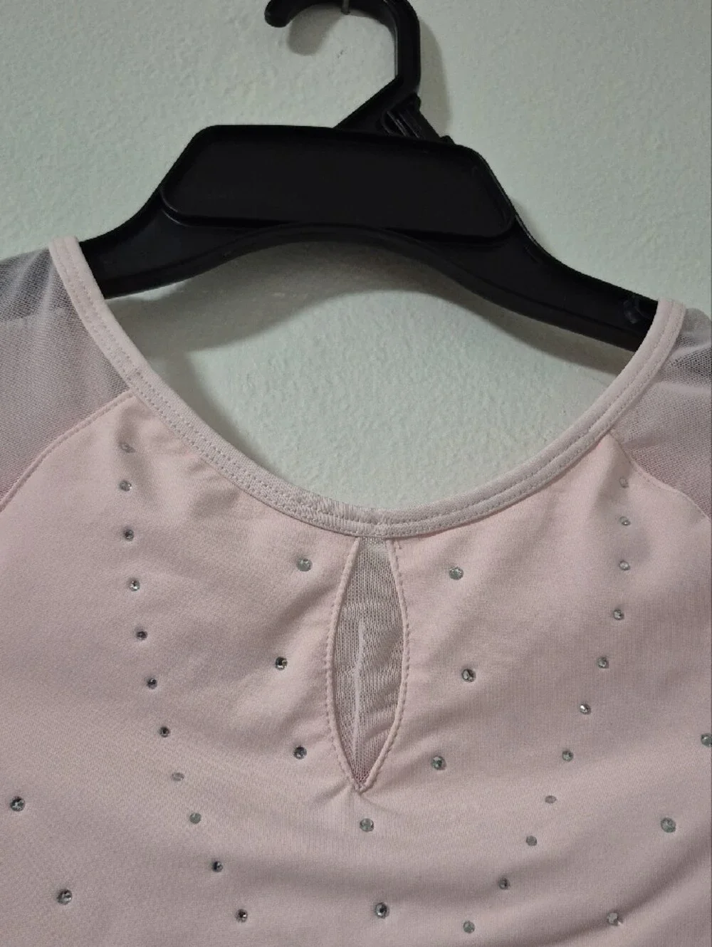 Justice Long Sleeve Pink Rhinestone Mesh Sleeve Dance Leotard